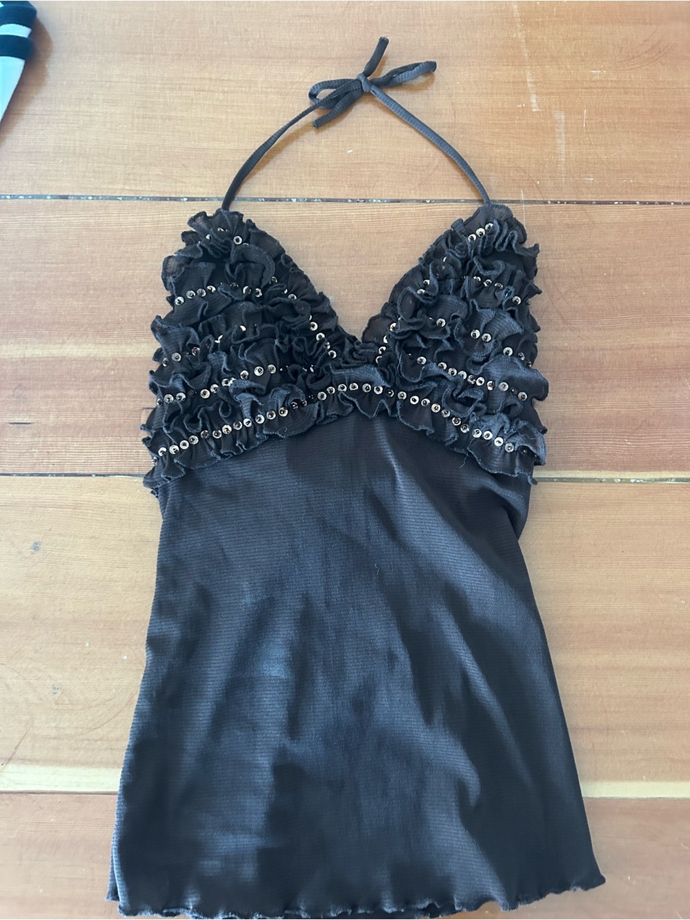 Le Chateau Brown Halter Ruffled Sequin Tank